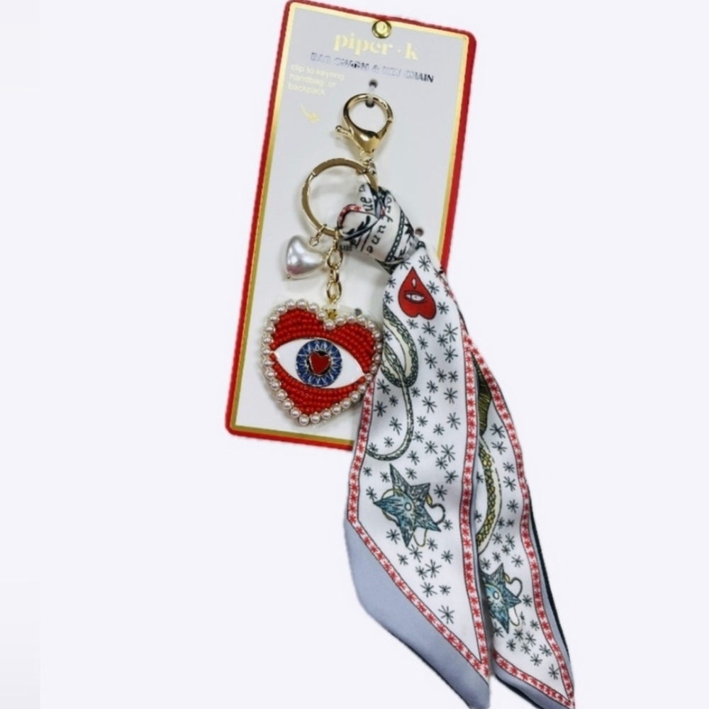 ❤️🔹️Piper K🔹️ UK 🇬🇧 Bag Charm Key Chain Red Evil Eye Heart Pearl Scarf